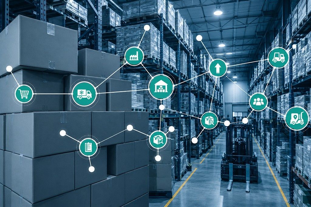 Futuristic AI-powered warehouse with robotic systems and real-time inventory dashboards
