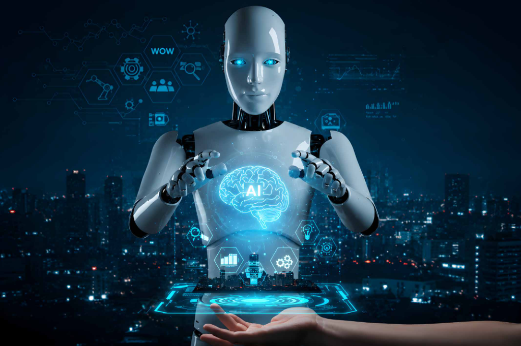 Futuristic AI robot presenting holographic finance and real estate data dashboards