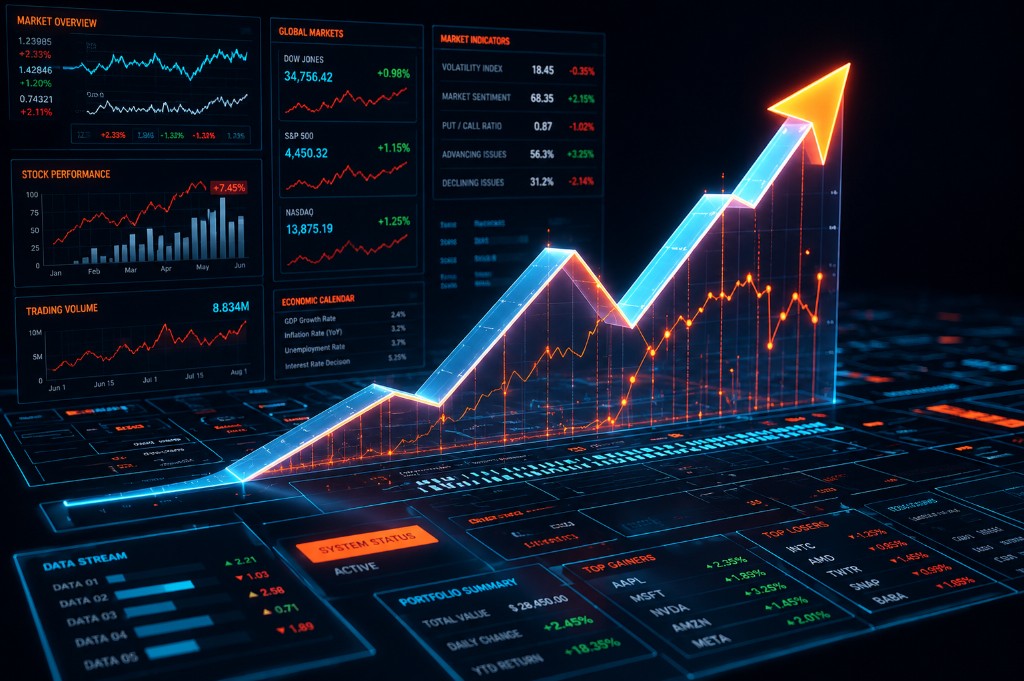 Futuristic real-time analytics dashboard with an upward growth arrow representing daily restaurant cost tracking
