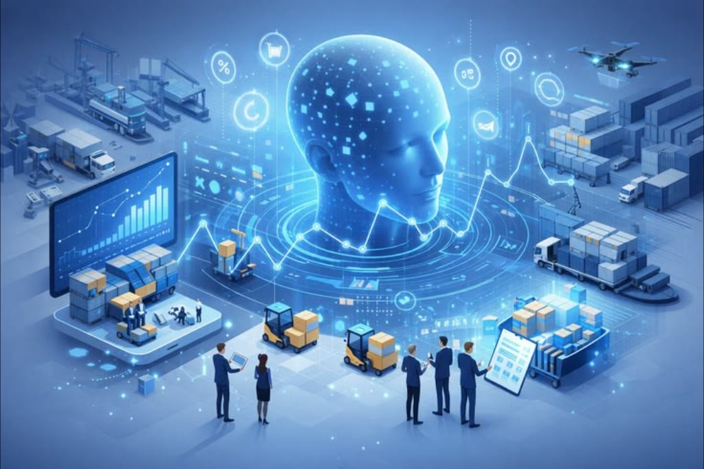 AI-powered logistics hub with trucks, warehouses, drones, and real-time routing dashboards